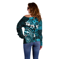 Fiji Masi Paisley Off Shoulder Sweater Fijian Hibiscus Tapa Sky Blue Version LT01 - Polynesian Pride