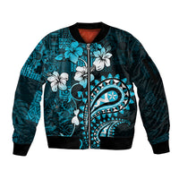 Fiji Masi Paisley Sleeve Zip Bomber Jacket Fijian Hibiscus Tapa Sky Blue Version LT01 Unisex Blue - Polynesian Pride