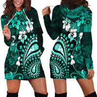 Fiji Masi Paisley Hoodie Dress Fijian Hibiscus Tapa Turquoise Version LT01 - Polynesian Pride