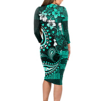 Fiji Masi Paisley Long Sleeve Bodycon Dress Fijian Hibiscus Tapa Turquoise Version LT01 - Polynesian Pride
