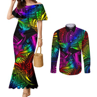 LGBT History Month Couples Matching Mermaid Dress and Long Sleeve Button Shirt Polynesian Hammerhead Shark LT01 Rainbow - Polynesian Pride