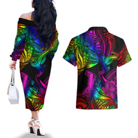 LGBT History Month Couples Matching Off The Shoulder Long Sleeve Dress and Hawaiian Shirt Polynesian Hammerhead Shark LT01 - Polynesian Pride
