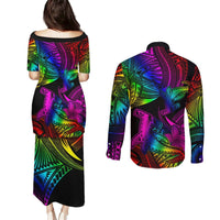 LGBT History Month Couples Matching Puletasi and Long Sleeve Button Shirt Polynesian Hammerhead Shark LT01 - Polynesian Pride