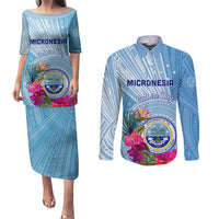 Micronesia Culture Day Couples Matching Puletasi and Long Sleeve Button Shirt Tribal Pattern Tropical Style LT01 Blue - Polynesian Pride