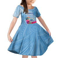 Micronesia Culture Day Family Matching Off Shoulder Short Dress and Hawaiian Shirt Tribal Pattern Tropical Style LT01 Daughter's Dress Blue - Polynesian Pride