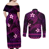 FSM Culture Day Couples Matching Off Shoulder Maxi Dress and Long Sleeve Button Shirt Tribal Pattern Pink Version LT01 - Polynesian Pride
