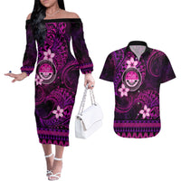 FSM Culture Day Couples Matching Off The Shoulder Long Sleeve Dress and Hawaiian Shirt Tribal Pattern Pink Version LT01 Pink - Polynesian Pride