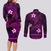FSM Chuuk State Couples Matching Long Sleeve Bodycon Dress and Long Sleeve Button Shirt Tribal Pattern Pink Version LT01 - Polynesian Pride
