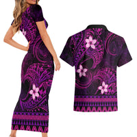 FSM Pohnpei State Couples Matching Short Sleeve Bodycon Dress and Hawaiian Shirt Tribal Pattern Pink Version LT01 - Polynesian Pride