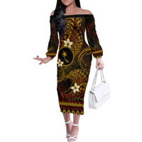 FSM Chuuk State Off The Shoulder Long Sleeve Dress Tribal Pattern Gold Version LT01 Women Gold - Polynesian Pride