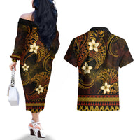 FSM Pohnpei State Couples Matching Off The Shoulder Long Sleeve Dress and Hawaiian Shirt Tribal Pattern Gold Version LT01 - Polynesian Pride