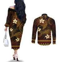 FSM Pohnpei State Couples Matching Off The Shoulder Long Sleeve Dress and Long Sleeve Button Shirt Tribal Pattern Gold Version LT01 - Polynesian Pride