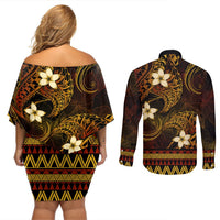 FSM Yap State Couples Matching Off Shoulder Short Dress and Long Sleeve Button Shirt Tribal Pattern Gold Version LT01 - Polynesian Pride