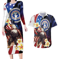 Personalized Northern Mariana Islands 4th of July Couples Matching Long Sleeve Bodycon Dress and Hawaiian Shirt Plumeria USA Eagle