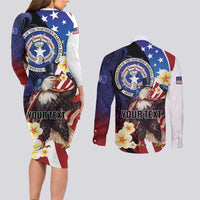 Personalized Northern Mariana Islands 4th of July Couples Matching Long Sleeve Bodycon Dress and Long Sleeve Button Shirt Plumeria USA Eagle