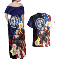 Personalized Northern Mariana Islands 4th of July Couples Matching Off Shoulder Maxi Dress and Hawaiian Shirt Plumeria USA Eagle