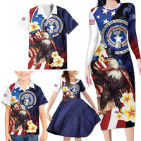 Personalized Northern Mariana Islands 4th of July Family Matching Long Sleeve Bodycon Dress and Hawaiian Shirt Plumeria USA Eagle