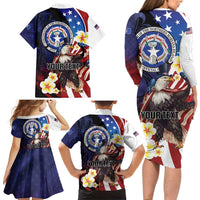 Personalized Northern Mariana Islands 4th of July Family Matching Long Sleeve Bodycon Dress and Hawaiian Shirt Plumeria USA Eagle