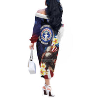 Personalized Northern Mariana Islands 4th of July Off The Shoulder Long Sleeve Dress Plumeria USA Eagle