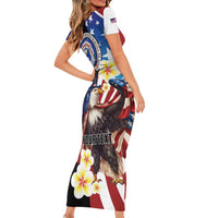 Personalized Northern Mariana Islands 4th of July Short Sleeve Bodycon Dress Plumeria USA Eagle