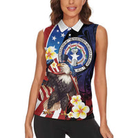 Personalized Northern Mariana Islands 4th of July Women Sleeveless Polo Shirt Plumeria USA Eagle