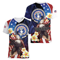 Personalized Northern Mariana Islands 4th of July Women V-Neck T-Shirt Plumeria USA Eagle
