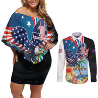 Personalized Guam Fourth of July Couples Matching Off Shoulder Short Dress and Long Sleeve Button Shirt Tropical Flowers