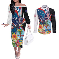 Personalized Guam Fourth of July Couples Matching Off The Shoulder Long Sleeve Dress and Long Sleeve Button Shirt Tropical Flowers