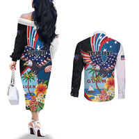 Personalized Guam Fourth of July Couples Matching Off The Shoulder Long Sleeve Dress and Long Sleeve Button Shirt Tropical Flowers