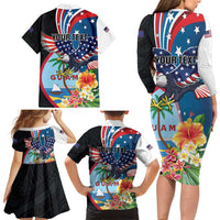 Personalized Guam Fourth of July Family Matching Long Sleeve Bodycon Dress and Hawaiian Shirt Tropical Flowers