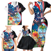Personalized Guam Fourth of July Family Matching Short Sleeve Bodycon Dress and Hawaiian Shirt Tropical Flowers