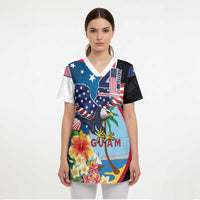 Personalized Guam Fourth of July Scrub Top Tropical Flowers - Polynesian Pride