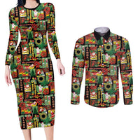 Hawaiian Santa Christmas Pattern Couples Matching Long Sleeve Bodycon Dress and Long Sleeve Button Shirt Black Version LT01 Red - Polynesian Pride