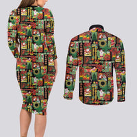 Hawaiian Santa Christmas Pattern Couples Matching Long Sleeve Bodycon Dress and Long Sleeve Button Shirt Black Version LT01 - Polynesian Pride
