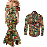Hawaiian Santa Christmas Pattern Couples Matching Mermaid Dress and Long Sleeve Button Shirt Black Version LT01 - Polynesian Pride