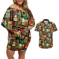Hawaiian Santa Christmas Pattern Couples Matching Off Shoulder Short Dress and Hawaiian Shirt Black Version - Polynesian Pride