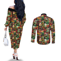 Hawaiian Santa Christmas Pattern Couples Matching Off The Shoulder Long Sleeve Dress and Long Sleeve Button Shirt Black Version LT01 - Polynesian Pride