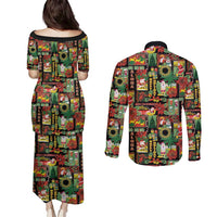 Hawaiian Santa Christmas Pattern Couples Matching Puletasi and Long Sleeve Button Shirt Black Version LT01 - Polynesian Pride