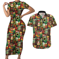 Hawaiian Santa Christmas Pattern Couples Matching Short Sleeve Bodycon Dress and Hawaiian Shirt Black Version - Polynesian Pride