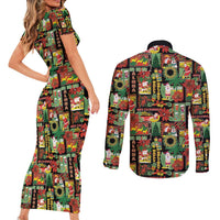 Hawaiian Santa Christmas Pattern Couples Matching Short Sleeve Bodycon Dress and Long Sleeve Button Shirt Black Version LT01 - Polynesian Pride