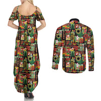 Hawaiian Santa Christmas Pattern Couples Matching Summer Maxi Dress and Long Sleeve Button Shirt Black Version LT01 - Polynesian Pride