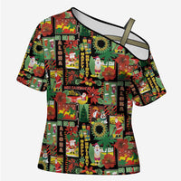 Hawaiian Santa Christmas Pattern Cross Shoulder Shirt Black Version LT01 Female Red - Polynesian Pride