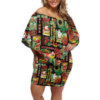 Hawaiian Santa Christmas Pattern Family Matching Off Shoulder Short Dress and Hawaiian Shirt Black Version - Polynesian Pride