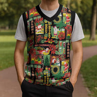 Hawaiian Santa Christmas Pattern Christmas Knitted V-Neck Vest Black Version - Polynesian Pride