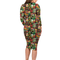 Hawaiian Santa Christmas Pattern Long Sleeve Bodycon Dress Black Version - Polynesian Pride