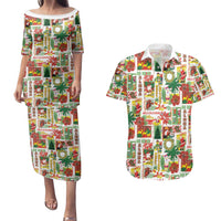 Hawaiian Santa Christmas Pattern Couples Matching Puletasi and Hawaiian Shirt White Version - Polynesian Pride