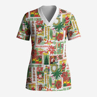 Hawaiian Santa Christmas Pattern Scrub Top White Version - Polynesian Pride