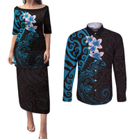 New Zealand Tuatara Plumeria Couples Matching Puletasi and Long Sleeve Button Shirt Maori Blue Koru Tribal Tattoo