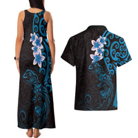 New Zealand Tuatara Plumeria Couples Matching Tank Maxi Dress and Hawaiian Shirt Maori Blue Koru Tribal Tattoo