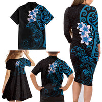 New Zealand Tuatara Plumeria Family Matching Long Sleeve Bodycon Dress and Hawaiian Shirt Maori Blue Koru Tribal Tattoo LT01 - Polynesian Pride